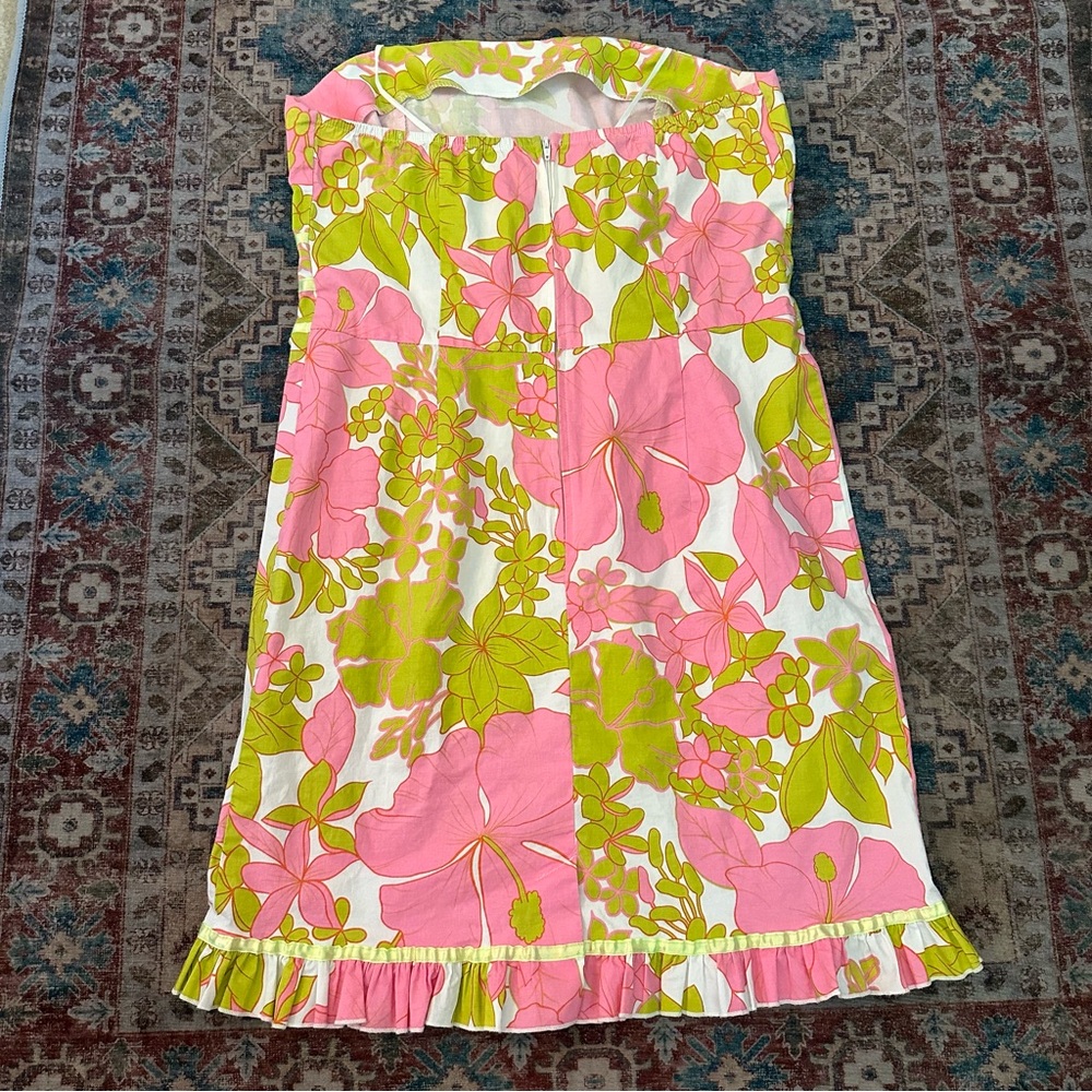 Y2k Pink and green floral print strapless dress with ruffles size 13/14 - Picture 8 of 8